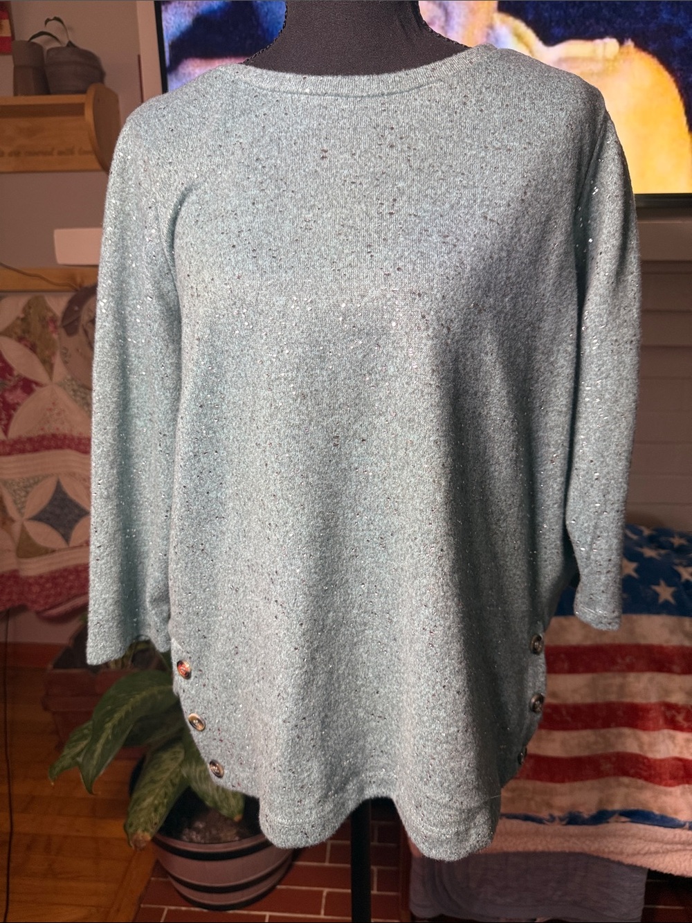 Sparkle Light Teal Button-Side Knit Pullover Sweater